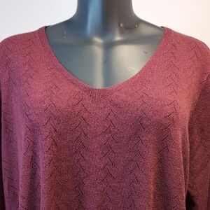 Bloomchic Pointelle V-Neck Knit Burgundy Sweater